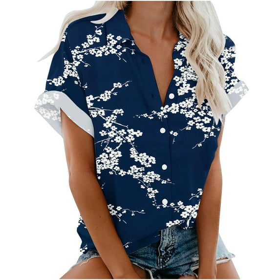 ZZwxWA Womens Summer Tops Short Sleeve V-Neck Sunflower Print Shirts Lightweight Plus Size Lapel Button Cardigan Blouses Blue M