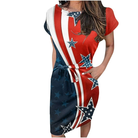 ZZwxWA Womens Summer US Flag Printed Knee Length Pencil Dress 4th July Casual Short Sleeve Round Neck Tie Waist Sundress Independence Day Wrap Beach Midi Dresses with Pocket Navy m