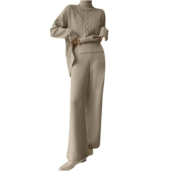 Usmixi Womens Sweater Outfits Set Womens Turtleneck Sweater 2 Piece Sets Winter Cozy Trendy Slit Knitted Pullover Sweater and Long Pant Lounge Sets Casual Solid Homewear Sets