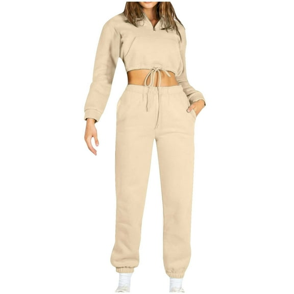 Usmixi Sweatsuits Set for Women Two Piece Sports Outfits for Women Drawstring Hooded Cropped Sweatshirt and Jogger Pant Lounge Sets Casual Solid Workout Tracksuit Sets with Pocket Clearance Under $10