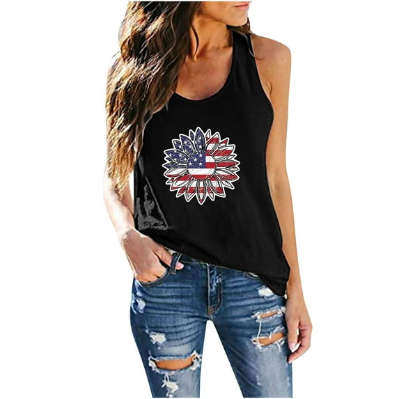 Usmixi Womens Tank Tops 4th July Loose Fit Fashion Independence Day Patriotic Shirts Vest Summer Trendy Sunflower American Flag Print Crewneck Sleeveless Shirts Blouse Black l