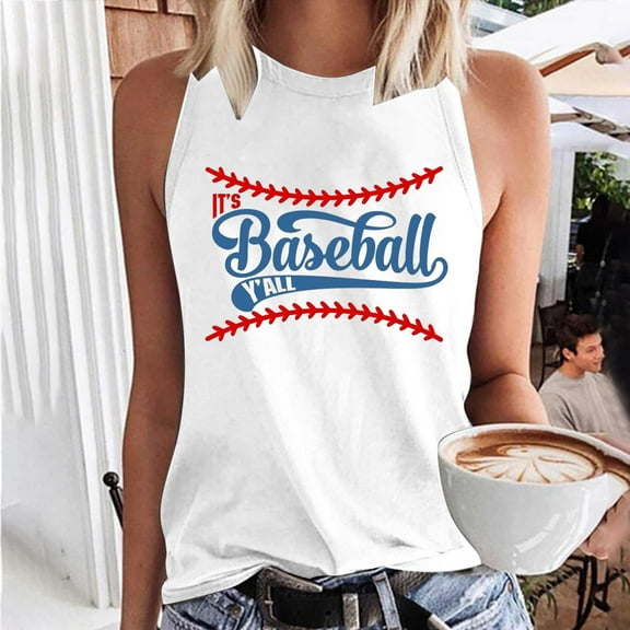 Usmixi Womens Tank Tops Baseball Letter Print Round Neck Sleeveless Shirts Fashion Graphics Loose Fit Ladies Racerback Tank Tops Light Blue L Clothes