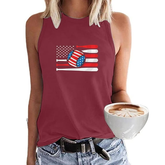 Usmixi Womens Tank Tops Baseball US Flag Print Crewneck Sleeveless Shirts 4th July Independence Day Loose Fit Racerback Tank Tops Wine M Clothes