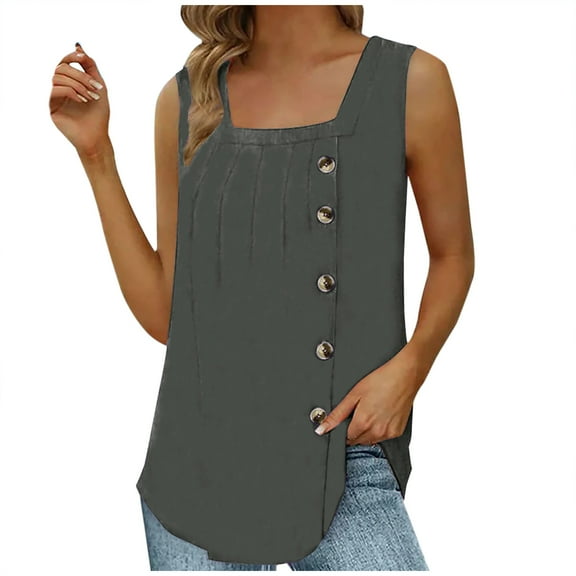 Usmixi Womens Tank Tops Casual Button Down Plus Size Pleated Swing Tunic Shirts Vest Summer Trendy Solid Square Neck Sleeveless Shirts Blouse Gray XXXL