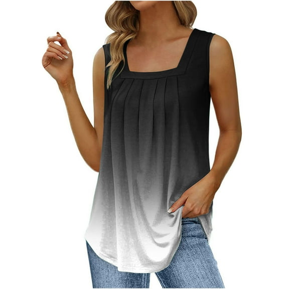 Usmixi Womens Tank Tops Casual Flowy Pleated Swing Loose Fit Lightweight Vest Tunic Tops Summer Trendy Gradient Print Square Neck Sleeveless Shirts Blouse Black l