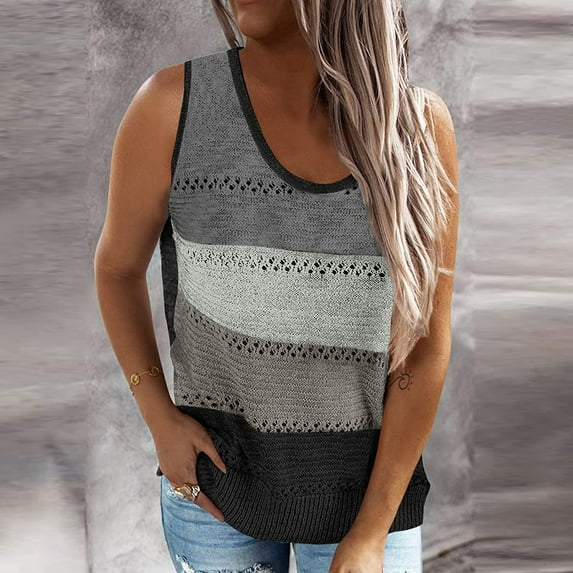 Usmixi Womens Tank Tops Casual Knitted Cotton Hollowed Loose Fit Tank Tops Summer Fashion Color Patchwork V-Neck Sleeveless Shirts Blouse Black s