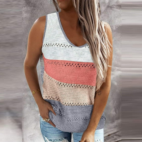 Usmixi Womens Tank Tops Casual Knitted Cotton Hollowed Loose Fit Tank Tops Summer Fashion Color Patchwork V-Neck Sleeveless Shirts Blouse Pink m