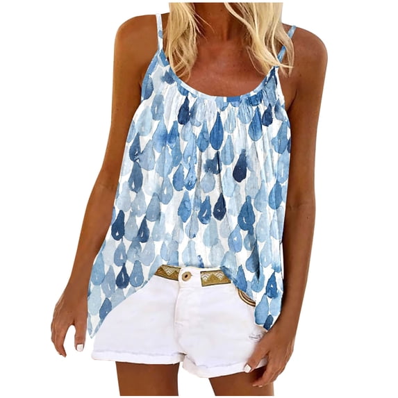 Usmixi Womens Tank Tops Casual Loose Pleated Swing Strap Vest Ladies Camisole Tshirts Summer Trendy Tie-Dye Print Round Neck Sleeveless Shirts Blouse Light Blue s