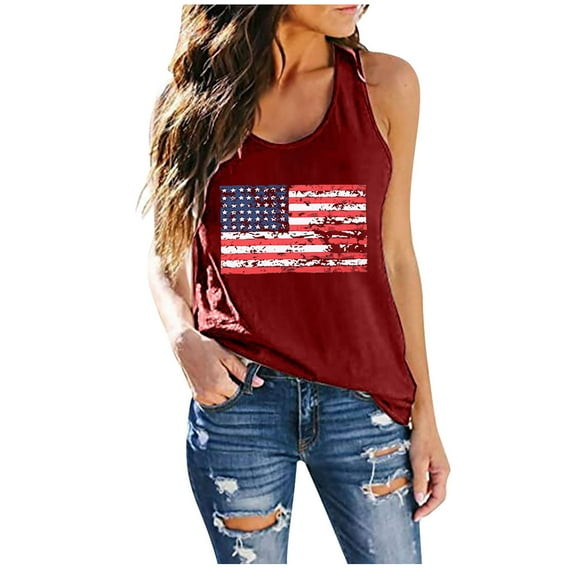 Usmixi Womens Tank Tops Casual Plus Size Independence Day Patriotic Shirts Vest Summer Trendy US Flag Print Crewneck Sleeveless Shirts Blouse Wine XXL