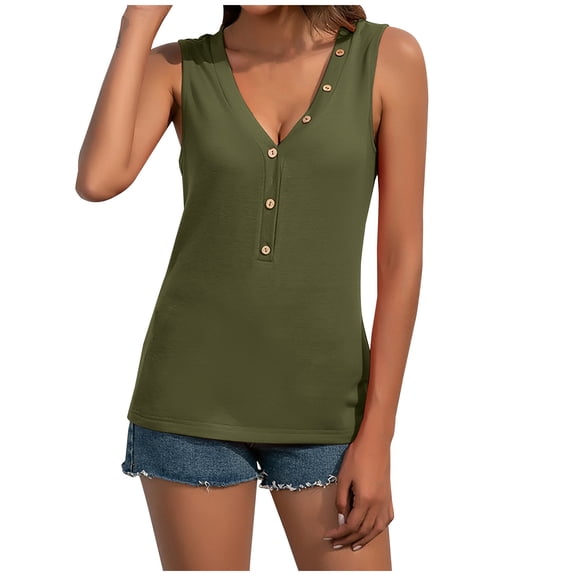Usmixi Womens Tank Tops Casual Solid Button Down Lightweight Tunic Shirts Vest Summer Trendy Plain V-Neck Sleeveless Shirts Blouse Army Green m