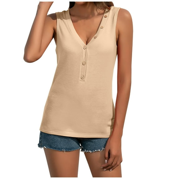 Usmixi Womens Tank Tops Casual Solid Button Down Lightweight Tunic Shirts Vest Summer Trendy Plain V-Neck Sleeveless Shirts Blouse Beige s