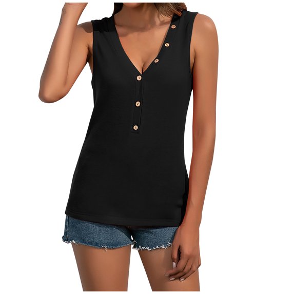 Usmixi Womens Tank Tops Casual Solid Button Down Lightweight Tunic Shirts Vest Summer Trendy Plain V-Neck Sleeveless Shirts Blouse Black m