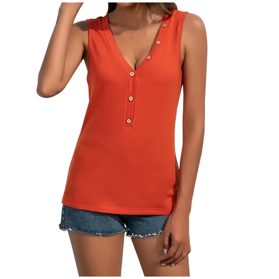 Usmixi Womens Tank Tops Casual Solid Button Down Lightweight Tunic Shirts Vest Summer Trendy Plain V-Neck Sleeveless Shirts Blouse Orange XL