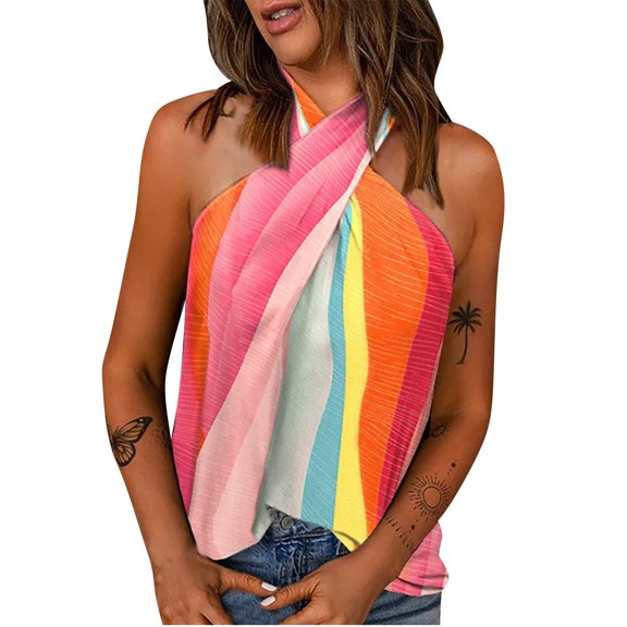 up to 60% off Gifts Usmixi Womens Tank Tops Color Block Halter Sleeveless Shirts Summer Loose Off Shoulder Halter Vest Blouse Orange XL