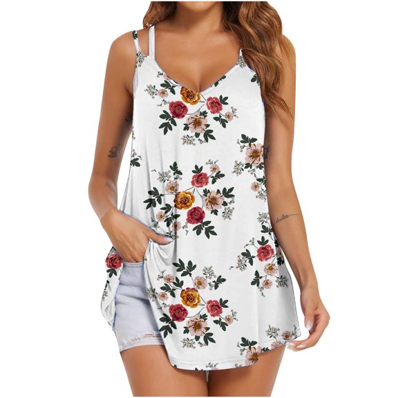 Usmixi Womens Tank Tops Fashion Floral Loose Swing Going out Spaghetti Strap Tees Tops Summer Trendy Solid V-Neck Sleeveless Shirts Blouse White l