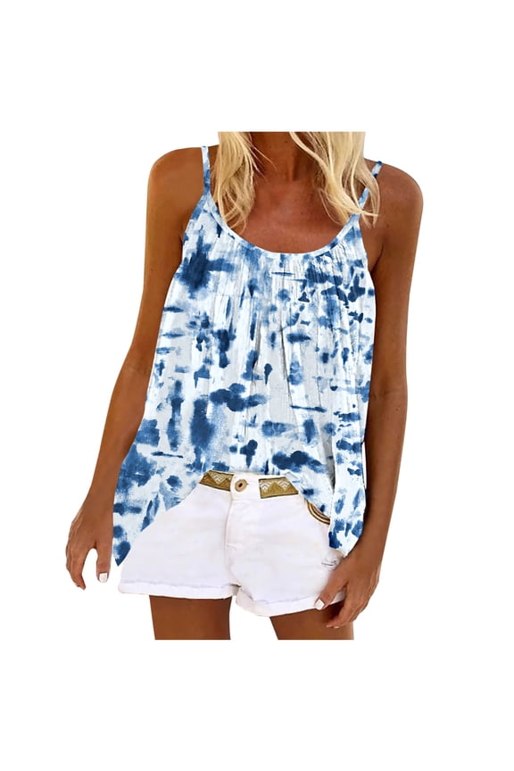 Usmixi Womens Tank Tops Fashion Loose Pleated Swing Strap Vest Going out Camisole Shirts Summer Trendy Tie-Dye Print Crewneck Sleeveless Shirts Blouse Light Blue s