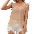 thumbnail image 1 of Usmixi Womens Tank Tops Fashion Ruffle Sleeve Breathable Cotton Linen Loose Swing Shirts Vest Summer Trendy Solid V-Neck Sleeveless Shirts Blouse Khaki s, 1 of 7