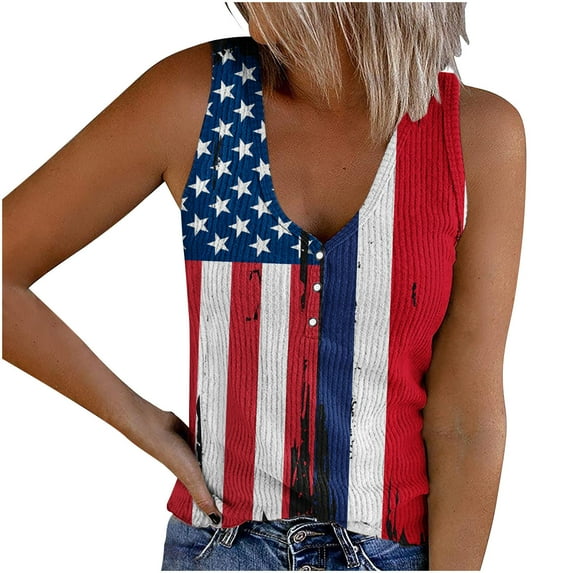 wycnly Womens Tank Tops Independence Day Fashion Button Up Knitted Ribbed Patriotic Vest Shirts Summer Trendy Star Striped Print V-Neck Sleeveless Shirts Blouse Red l