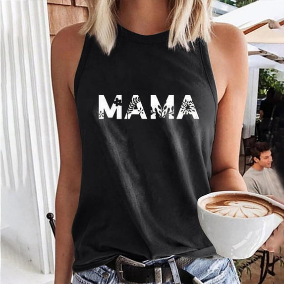 up to 60% off Gifts Usmixi Womens Tank Tops Mama Letter Print Round Neck Sleeveless Shirts Mother's Day Loose Fit Cute Breathable Racerback Tank Blouses Black XL Clothes