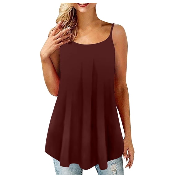 Usmixi Womens Tank Tops Plus Size Flowy Pleated Swing Spaghetti Strap Tops Cami Tunic Vest Summer Fashion Gradient Round Neck Sleeveless Shirts Blouse Wine XXL