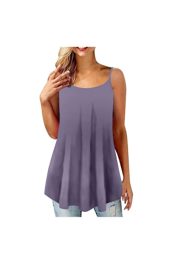 Usmixi Womens Tank Tops Plus Size Flowy Pleated Swing Spaghetti Strap Tops Cami Tunic Vest Summer Fashion Gradient Round Neck Sleeveless Shirts Blouse Purple XL
