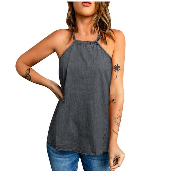 Usmixi Womens Tank Tops Solid Round Neck Sleeveless Shirts Loose Lightweight Denim Halter Strap Vest Blouse Black m