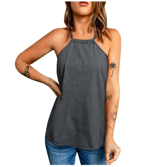 Usmixi Womens Tank Tops Solid Round Neck Sleeveless Shirts Loose Lightweight Denim Halter Strap Vest Blouse Black s