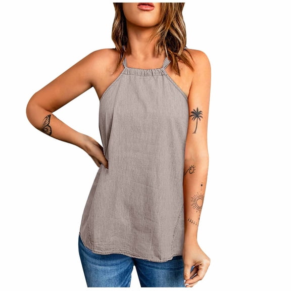 Usmixi Womens Tank Tops Solid Round Neck Sleeveless Shirts Loose Lightweight Denim Halter Strap Vest Blouse Khaki s