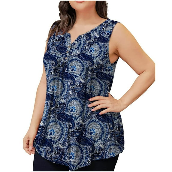 Usmixi Womens Tank Tops Western Print V-Neck Sleeveless Shirts Button Down Plus Size Casual Tunic Vest Blouse Navy XL Up to 65% off