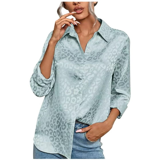 Usmixi Womens Tops Dressy Casual Lapel Lightweight Silky Satin Pullover Shirts Leopard Print V-Neck Short Sleeve Summer BlouseLight Blue XL
