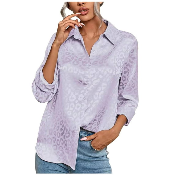 Summer Saving Wycnly Womens Blouses and Tops Dressy Lapel Lightweight Silky Satin Pullover Shirts 2024 Summer V-Neck Short Sleeve Leopard Print Casual Blouses Purple XL