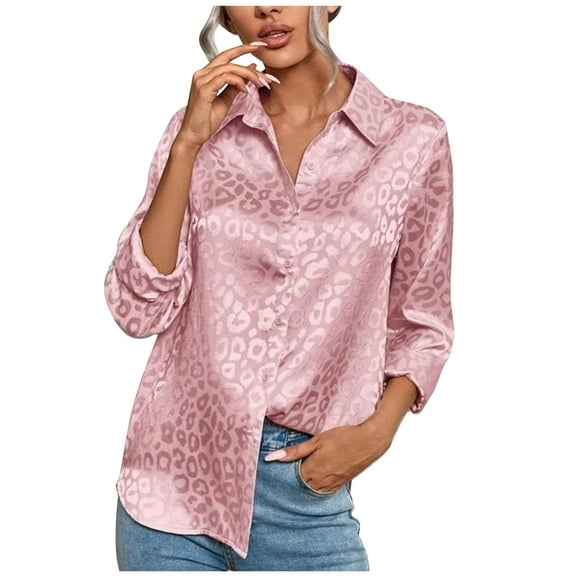 Usmixi Womens Tops Dressy Casual Lapel Lightweight Silky Satin Pullover Shirts Leopard Print V-Neck Short Sleeve Summer BlouseWatermelon Red XL