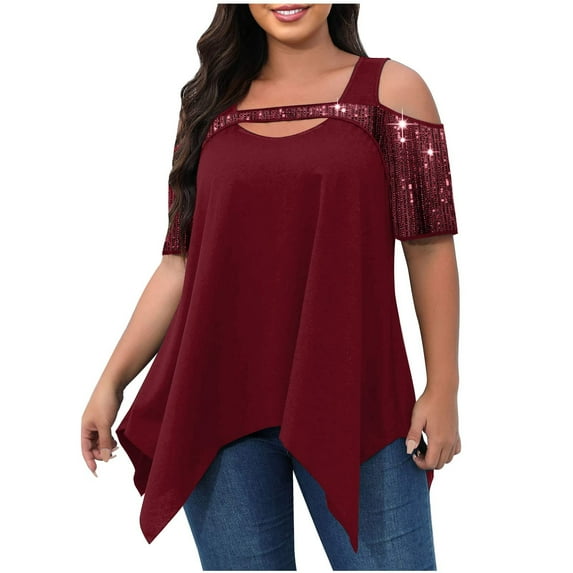 ZZwxWA Womens Tops Dressy Casual Short Sleeve Crewneck Solid Summer Shirts Elegant Sequin Patchwork Cold Shoulder Plus Size Hem Tunic Blouses Wine XXXXXXL