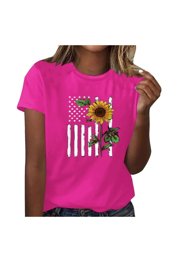 Usmixi Womens Tops Dressy Casual Summer Round Neck Sunflower Print Tees Sunflower Print Shirts 4th July Independence Day Casual Pullover Blouses Hot Pink xl Under $5