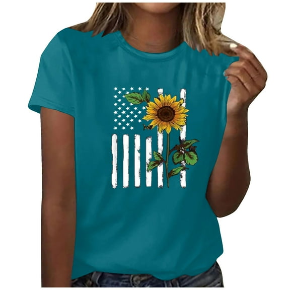 Usmixi Womens Tops Dressy Casual Summer Round Neck Sunflower Print Tees Sunflower Print Shirts 4th July Independence Day Casual Pullover Blouses Sky Blue xxl Under $5