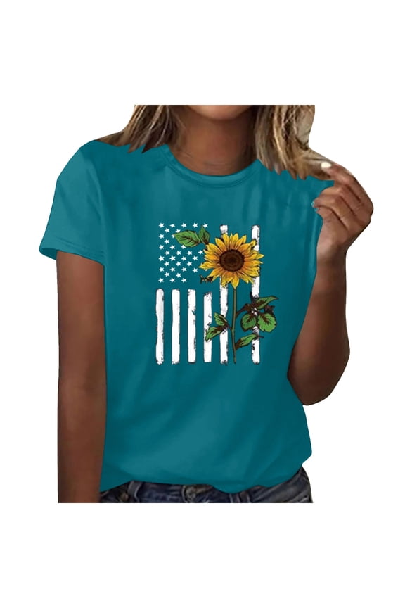 Usmixi Womens Tops Dressy Casual Summer Round Neck Sunflower Print Tees Sunflower Print Shirts 4th July Independence Day Casual Pullover Blouses Sky Blue xxl Under $5