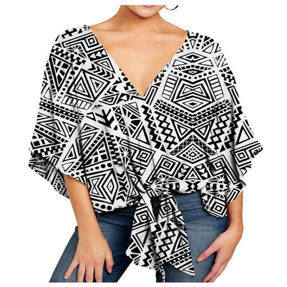 Usmixi Womens Tops Plus Size Tie-Knotted Front Lightweight Pullover Shirts Summer Casual 3/4 Sleeve V-Neck Striped Print Blouse White XXL