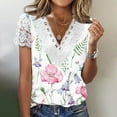 thumbnail image 1 of Usmixi Womens Tops Sexy Lace Hollowed Patchwork Going out Loose Fit Tee Shirts Summer Cute Flowers Print V-Neck Short Sleeve Blouses Pink s, 1 of 5