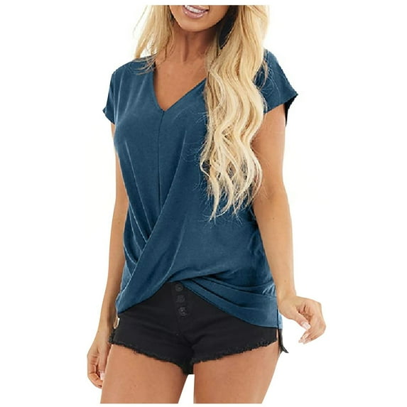 Usmixi Womens Tops Twist Knotted Front Loose Breathable Workout Shirts Summer Casual Short Sleeve V-Neck Solid Blouse Blue m