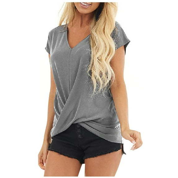 Usmixi Womens Tops Twist Knotted Front Loose Breathable Workout Shirts Summer Casual Short Sleeve V-Neck Solid Blouse Gray XL