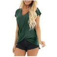 thumbnail image 1 of Usmixi Womens Tops Twist Knotted Front Loose Breathable Workout Shirts Summer Casual Short Sleeve V-Neck Solid Blouse Green m, 1 of 3