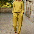 thumbnail image 1 of Usmixi Womens Two Piece Outfits Fall Cotton Linen Lounge Set Casual Long Sleeve Crewneck Pullover Pocket Long Pants Sets with Belt under $5, 1 of 6