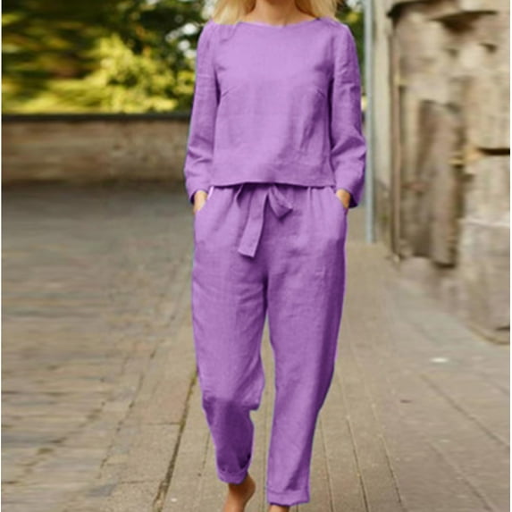 Usmixi Womens Two Piece Outfits Fall Cotton Linen Lounge Set Casual Long Sleeve Crewneck Pullover Pocket Long Pants Sets with Belt under $5