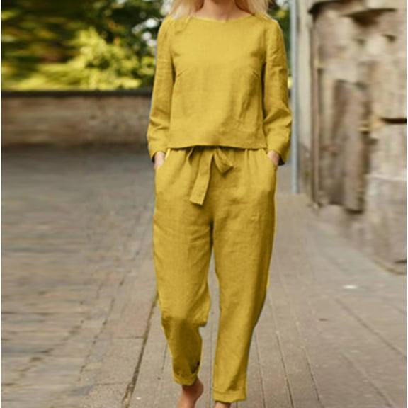Usmixi Womens Two Piece Outfits Fall Cotton Linen Lounge Set Casual Long Sleeve Crewneck Pullover Pocket Long Pants Sets with Belt under $5