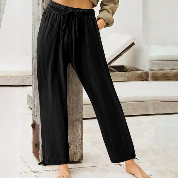 Usmixi Womens Wide Leg Trousers Casual Plus Size Solid Lightweight Straight Long Pants Drawstring Elastic Waist Summer Leisure Wear Pants with Pocket Black m