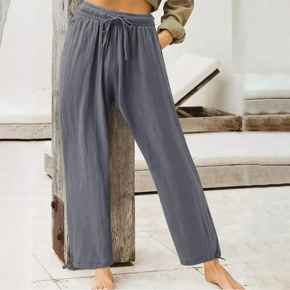 Usmixi Womens Wide Leg Trousers Casual Plus Size Solid Lightweight Straight Long Pants Drawstring Elastic Waist Summer Leisure Wear Pants with Pocket Gray XXXXXL