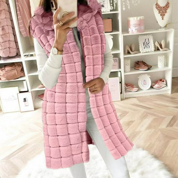 clear 50% off wycnly Womens Winter Faux Fur Vest Fuzzy Fleece Vest Coats for Women Plus Size Sleeveless Hooded Overcoat Casual Solid Open Front Cozy Fluffy Plush Outerwear Faux Fur Vest