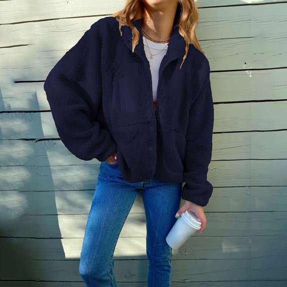 Usmixi Womens Winter Fleece Coat Shacket for Women Long Sleeve Cozy Soft Lamb Plush Shirt Jacket Casual Solid Button Down Stand Neck Fluffy Outwear with Pocket Fleece Coat Flash Deals