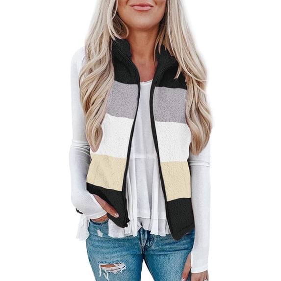 Usmixi Womens Winter Fleece Vest Fuzzy Fluffy Sherpa Jacket for Women Plus Size Open Front Zip Fleece Coats Fashion Color Block Stand Neck Sleeveless Outwear Fleece Vest