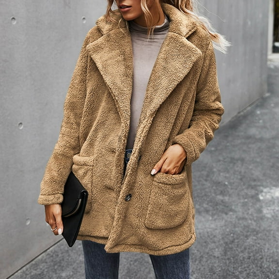 Usmixi Womens Winter Sherpa Jacket Fuzzy Fluffy Fleece Coat for Women Casual Solid Long Sleeve Lapel Outerwear Open Button Down Soft Plush Jacket with Pocket 2025 Sherpa Jacket